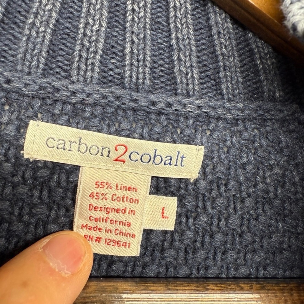 Carbon 2 Cobalt Sweater Mens Large Blue Full Zip Cable Knit Linen Cotton Blend - Picture 5 of 7